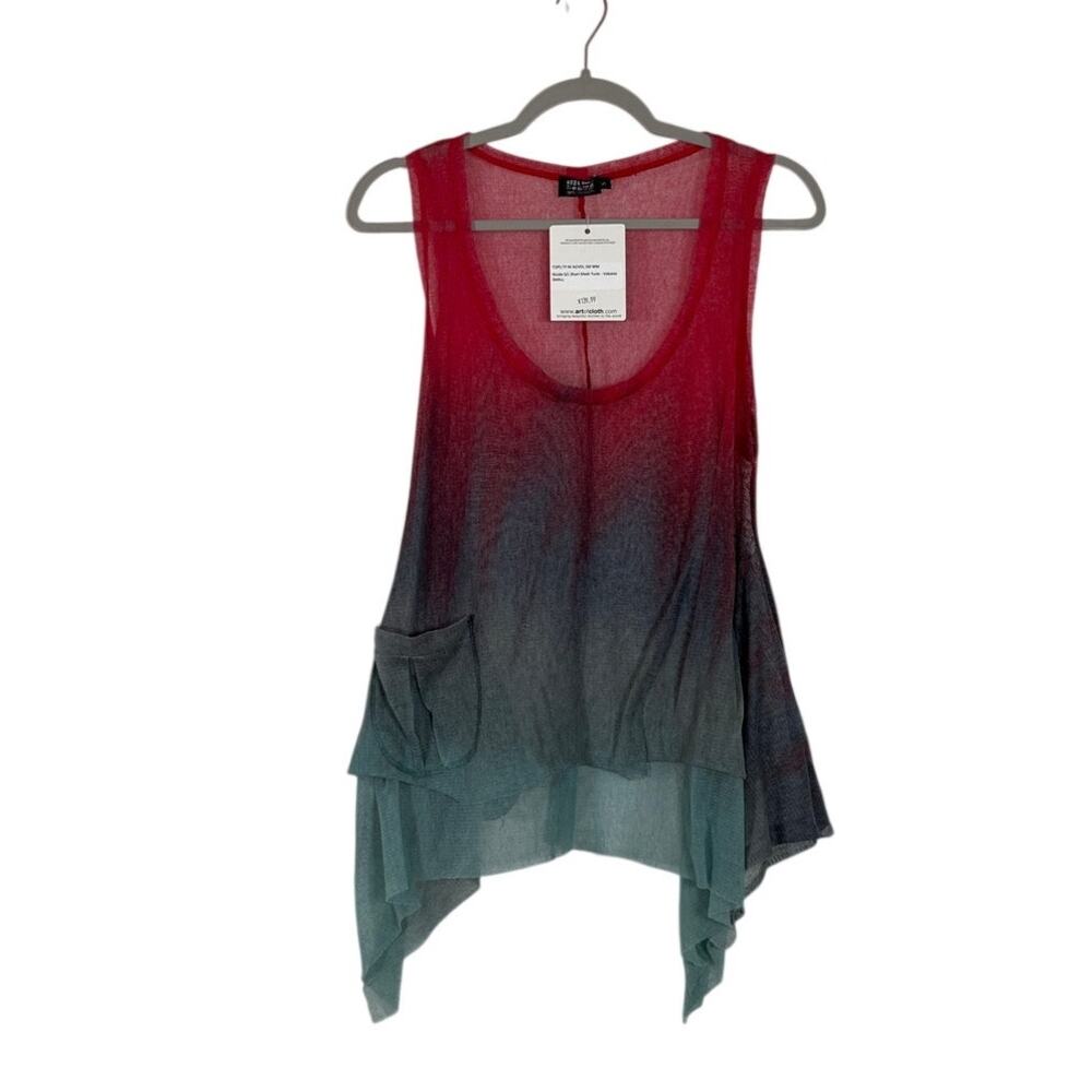 Art of Cloth Mesh Asymmetrical Sheer Tunic Tank Top Small Red Gray Lagenlook NWT